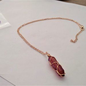 Gold tone wire wrap Red simulated garnet chakra mystic stone necklace